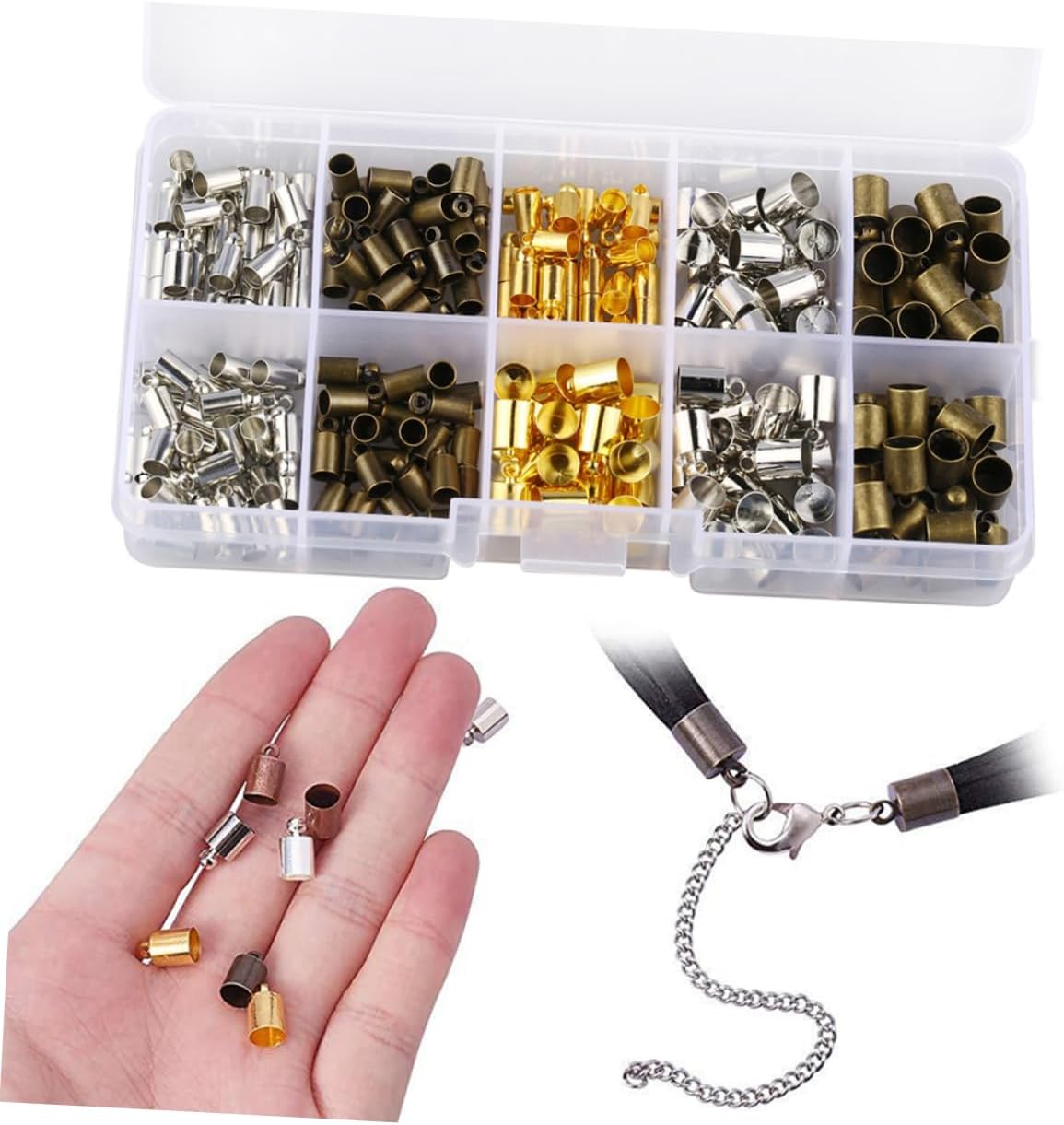 200pcs Mixed Copper Cord Ends Caps for Jewelry Making Fringe Hat Buckle and Leather Cord Tips for Bracelets Necklaces and Earrings