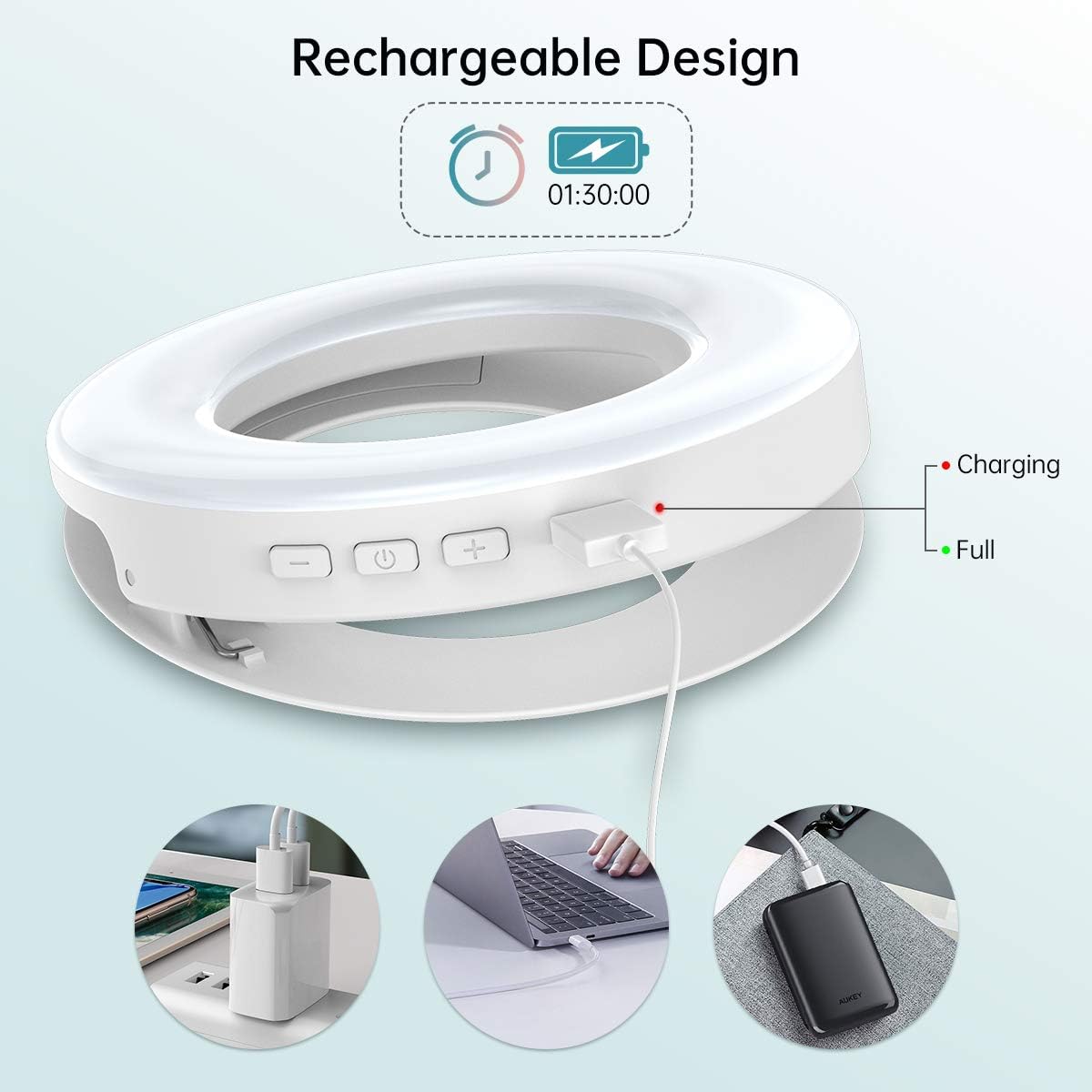 Benbilry Clip On Selfie Ring Light, [Rechargeable] [3 Light Modes] with 60 LED, 4-Level Mini Circle Light for iPhone/Android Cell Phone iPad Laptop Photography, Camera Video, Girls Make Up