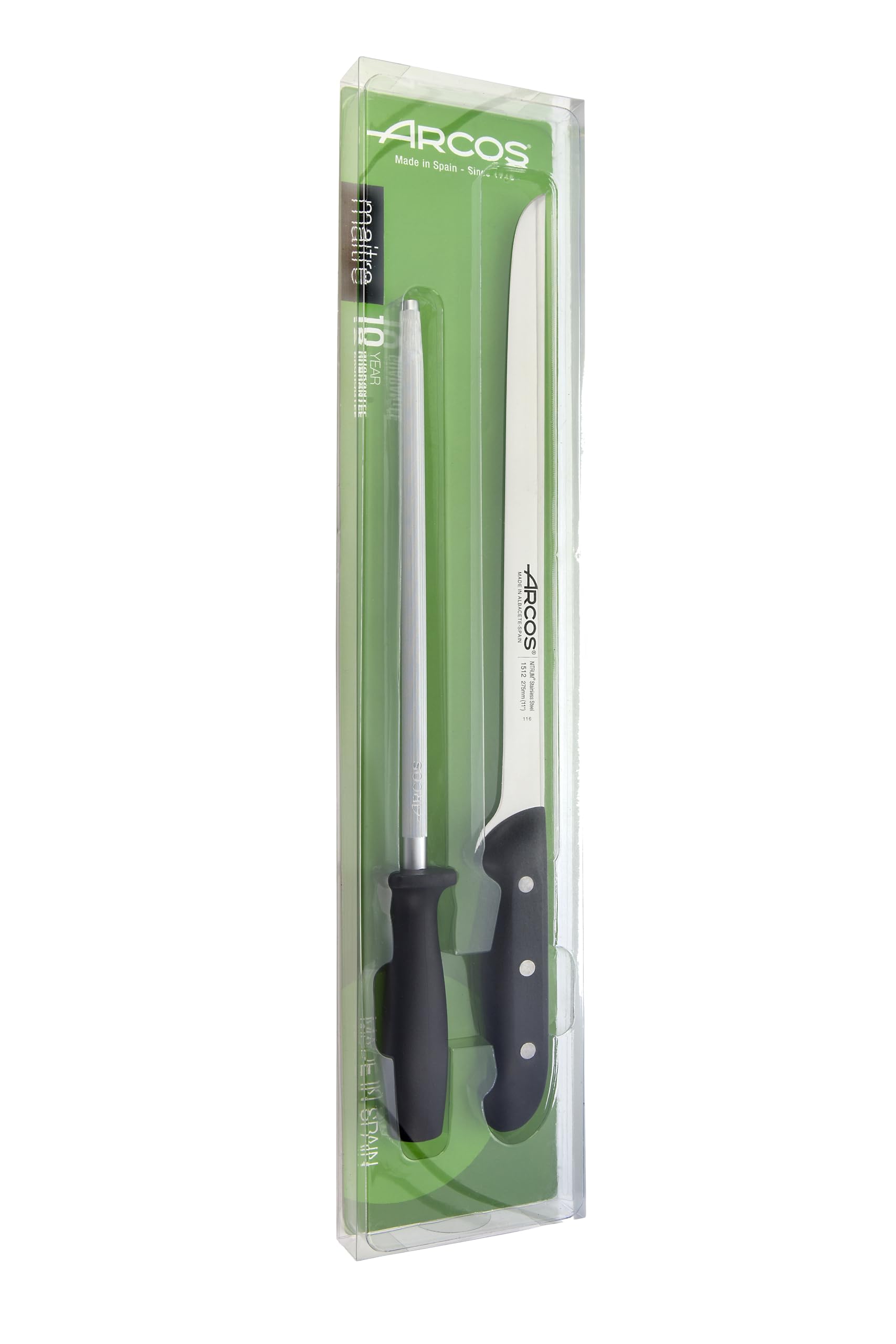 Arcos Serie Maitre - Set di Prosciutto Set di Coltelli 2 Pezzi (1 Coltello + 1 Acciaini Affilatori) - Lama Acciaio Inossidabile Nitrum - Manico Polipropilene - Legno di caucciù