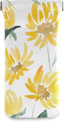 HUSSRITY Eyeglasses Case Yellow Watercolor Flowers Sunglasses Pouch Soft PU Leather Squeeze Top Eyeglass Holder Portable Glasses Case For Women Men