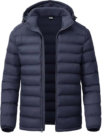 YSENTO Mens Down Alternative Jackets Lightweight Water-Resistant Winter Insulated Puffer Coat Detachable Hood Navy L
