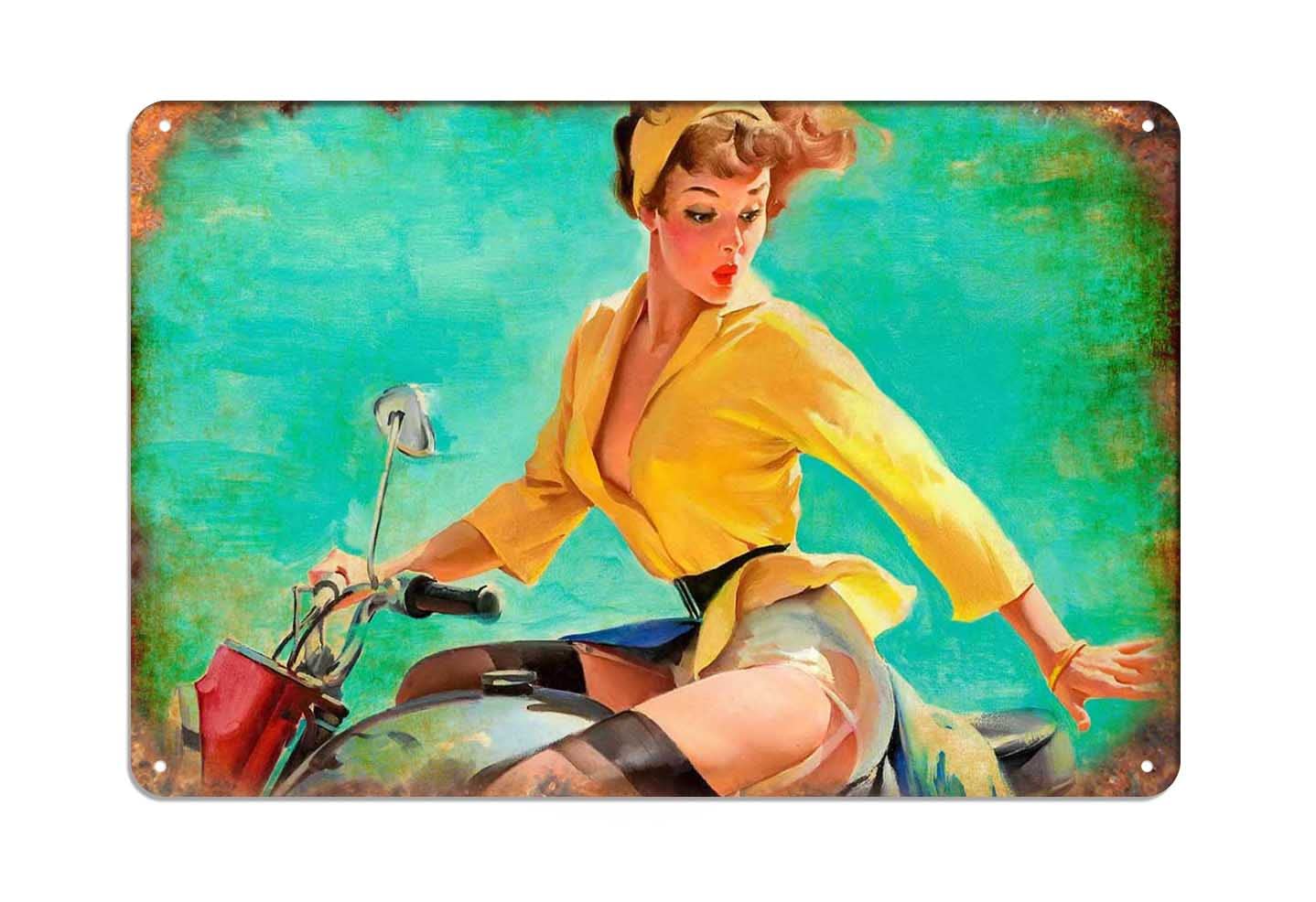 Motorcycle Girl Wall Metal Poster Plaque Warning tin Sign Antique Iron Painting Decoration Interesting Hanging Crafts 12x8inch