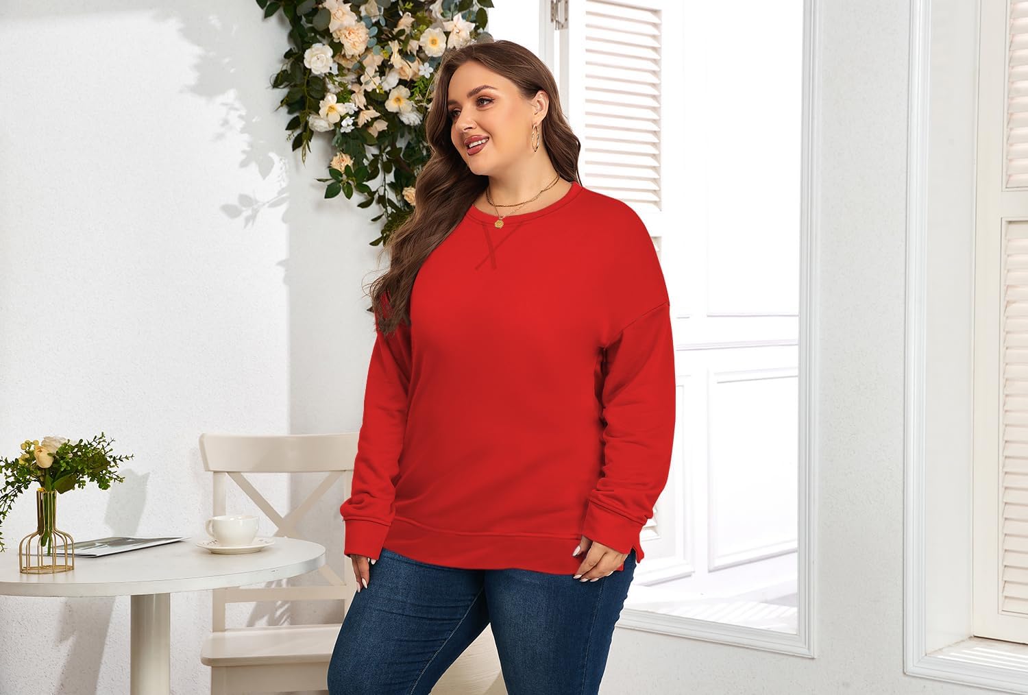 Plus Size Sweatshirt for Women Long Sleeve Tops Pullover Crew Neck Shirts Fall Winter Red 4X-Large - Image 3