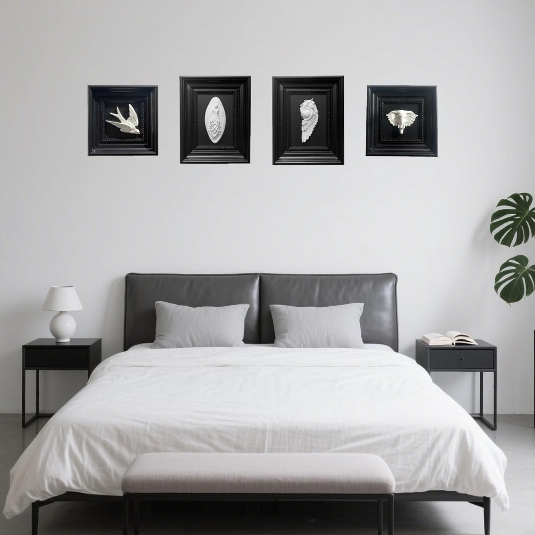 Bergamot 4 Pack Black and White Framed Wall Art, 3D Home Vintage Animal Wall Sculptures Décor for Office, Living Room, Bedroom, Bathroom