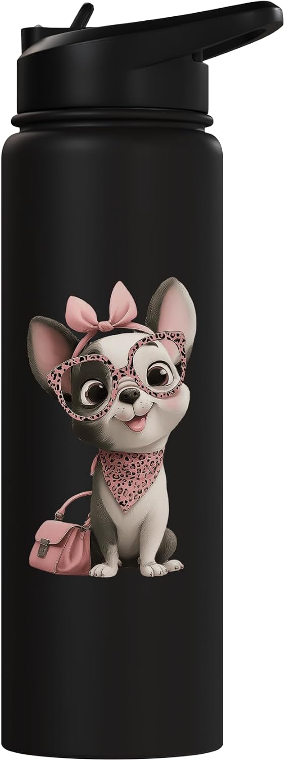 Cute Chihuahua Pink Glasses Girly Puppy Graphic Bow Bandana Stainless Steel Insulated Water Bottle
