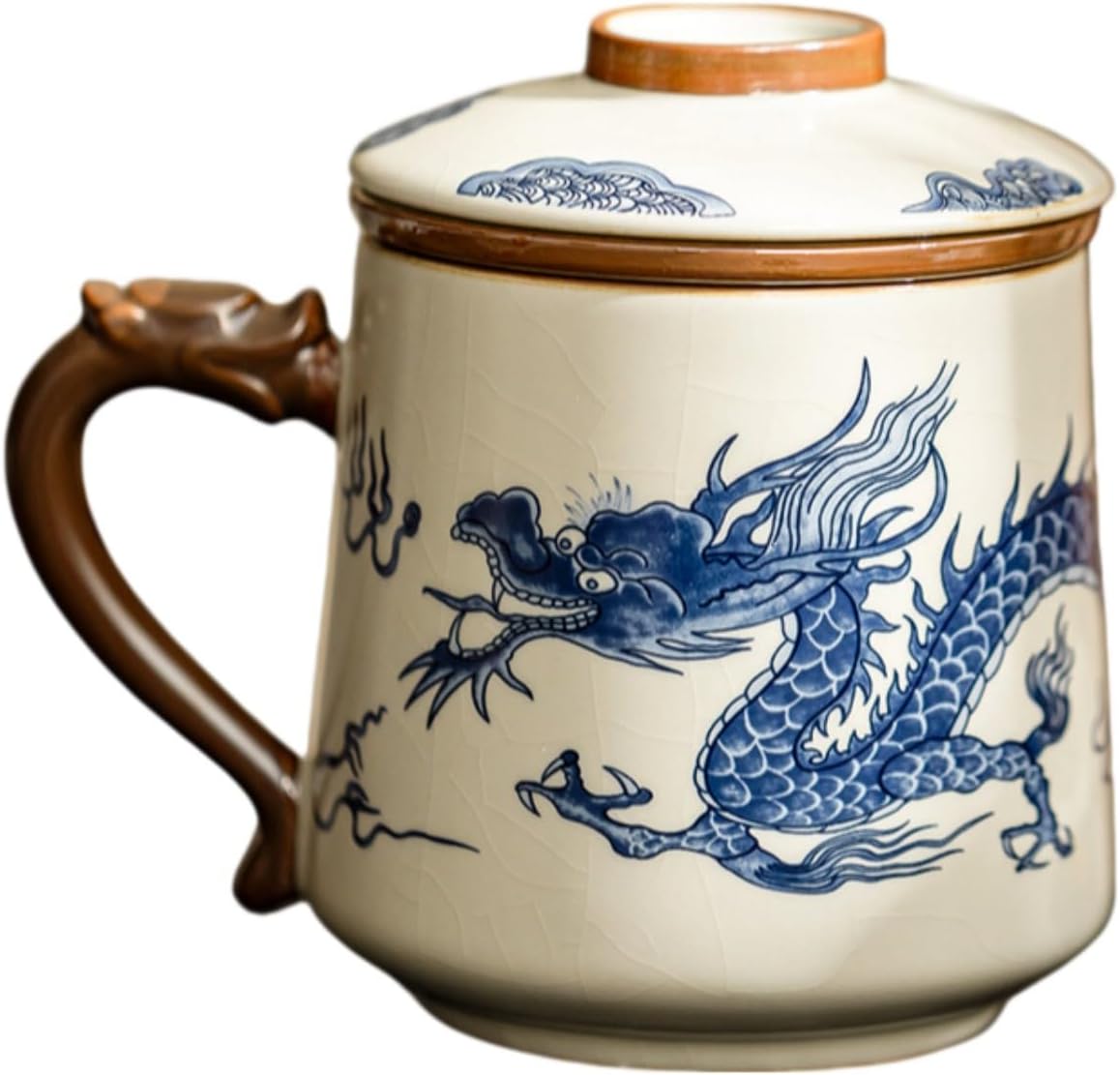 米黄汝窑青花龙陶瓷茶水分离杯喝茶杯子 Ceramic Kung Fu Tea Set,teapot,Teacups,warming Wedding Birthday Gift,Tea Tray Chinese,Dishwasher Safe 米黄汝窑-元青花龙办公过滤杯