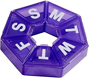 Ezy Dose Weekly (7-Day) Pill Organizer, 7-Sided Medicine Planner, Purple | Compact Daily Round Vitamin & Supplement Medicine Case, Convenient and Easy to Use, Travel-Friendly Container, BPA-Free