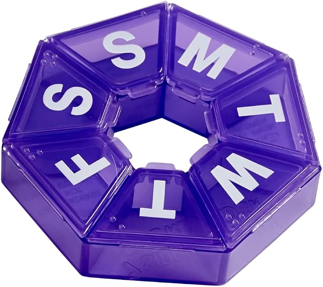 Ezy Dose Weekly (7-Day) Pill Organizer, 7-Sided Medicine Planner, Purple | Compact Daily Round Vitamin & Supplement Medicine Case, Convenient and Easy to Use, Travel-Friendly Container, BPA-Free