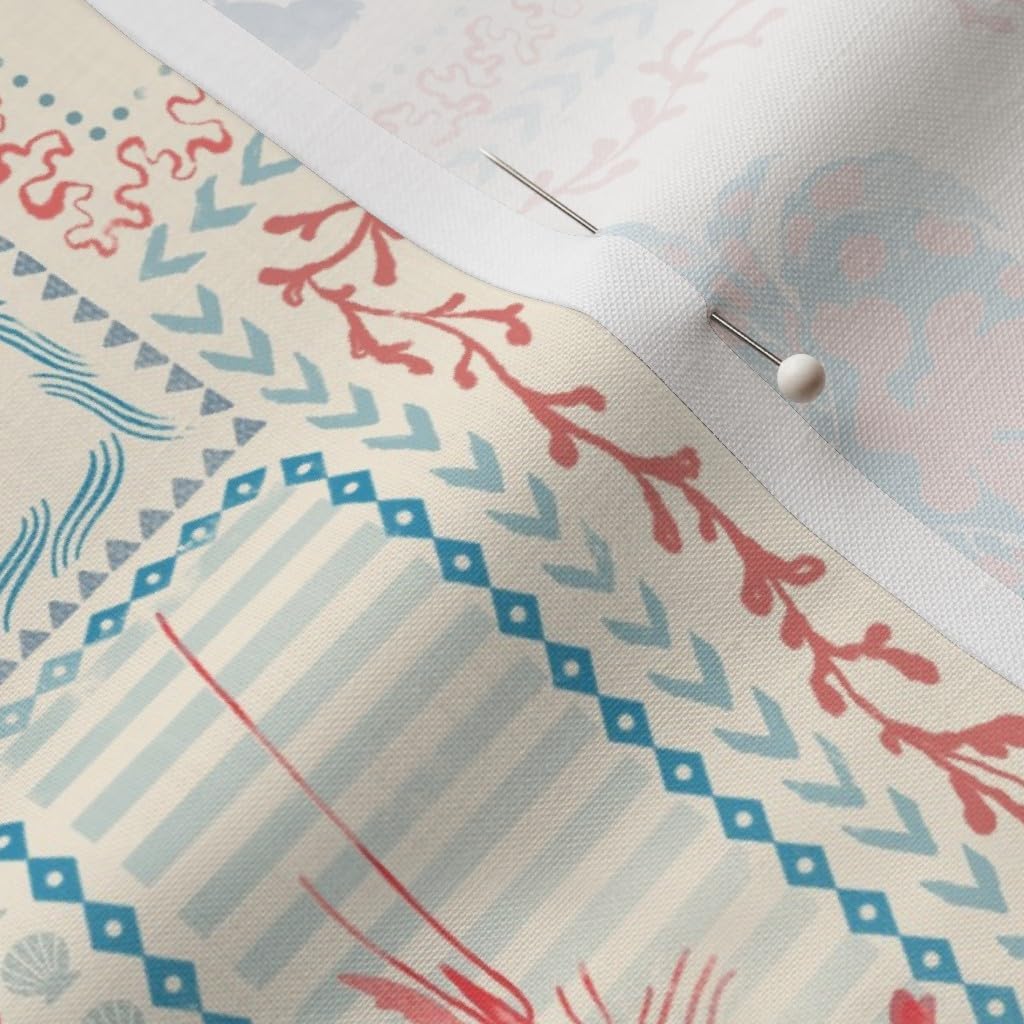 Spoonflower Fabric - Coastal Patchwork Cream Blue Red Stripes Crab Lobster Marine Life Printed on Petal Cotton Fabric by The Yard - Sewing Quilting Apparel Crafts Decor