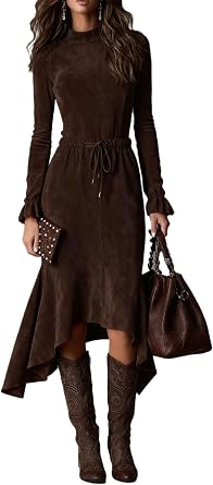 Womens Vintage Faux Suede Western Fishtail Dress Tie Cinched Waist Flare Long Sleeve Midi Dresses
