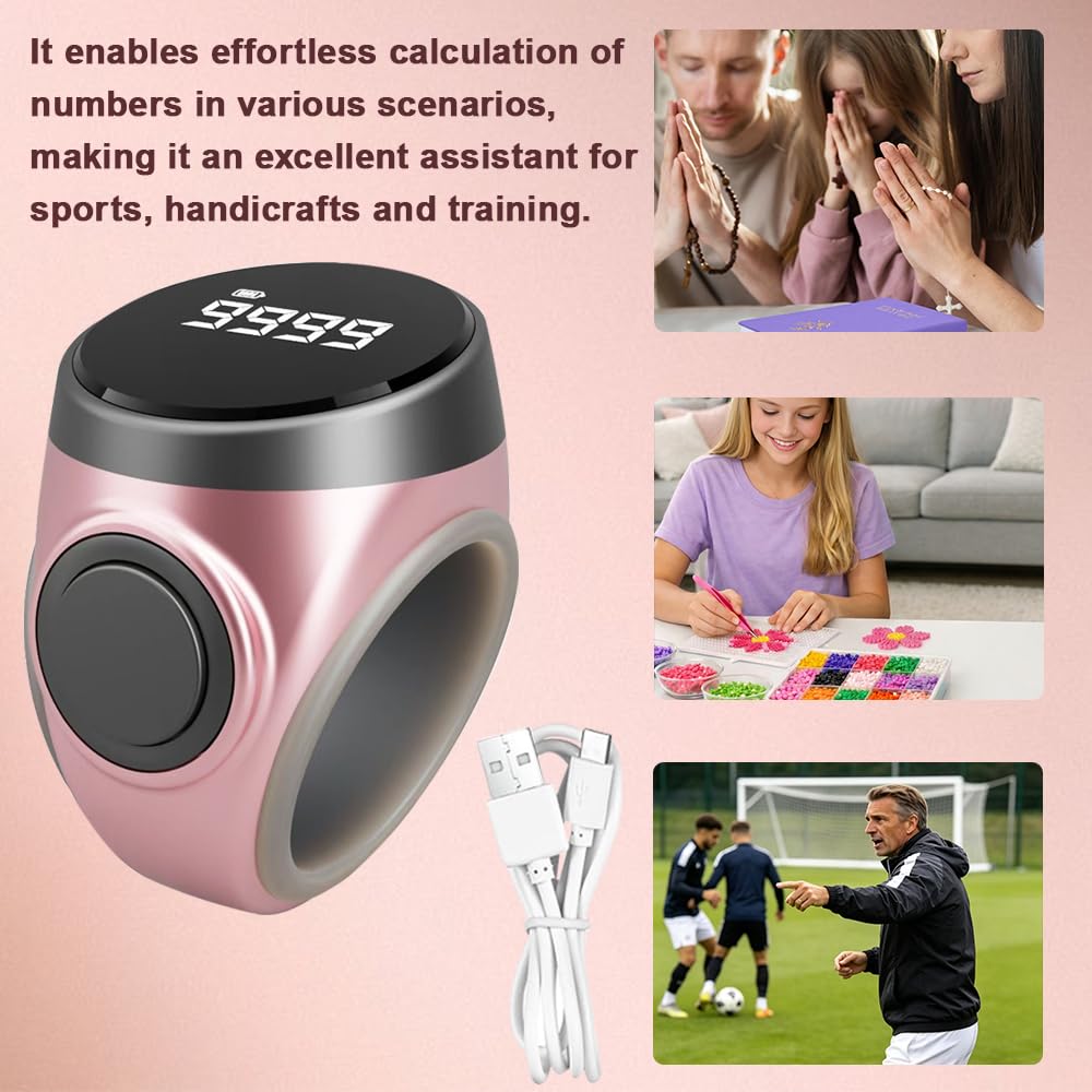 Anneau Numérique Musulman écran OLED, légère Smart Tasbih Zikr Ring Réveil, Tasbih Prière Compteur Numérique Adjustable 18-22mm, Electronic Rosary, Eid al-Fitr Eid al-Adha Ramadan Gift, Rose