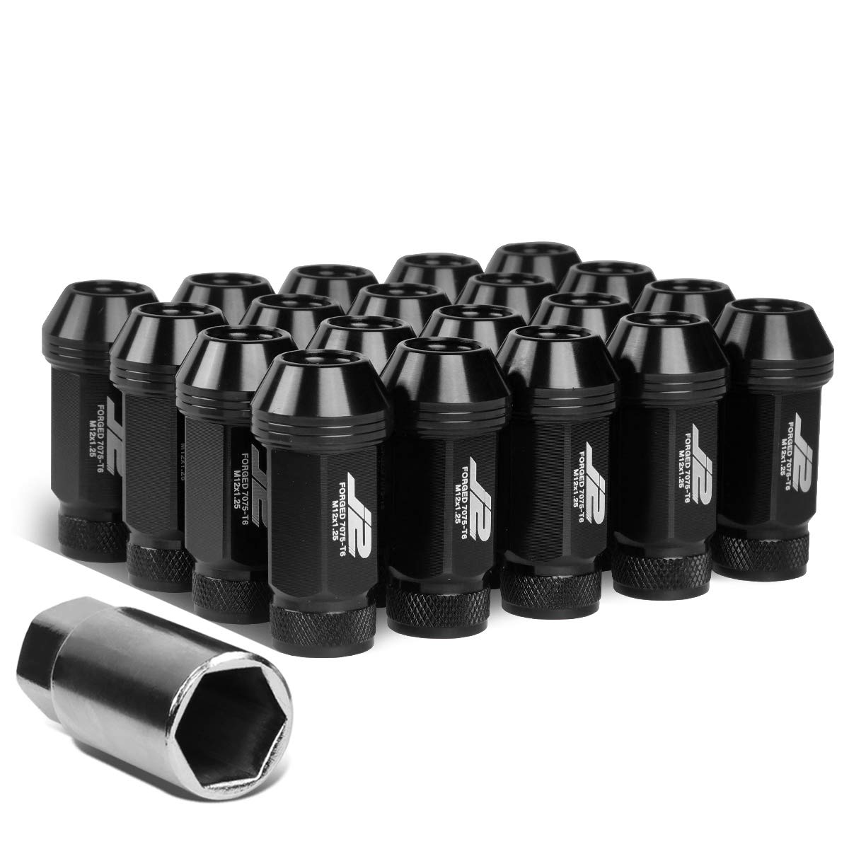 J2 Engineering LN-T7-021-125-BK 20Pcs M12 x 1.25 7075-T6 Aluminum 50mm Open-End Lug Nut w/Socket Adapter (Black)