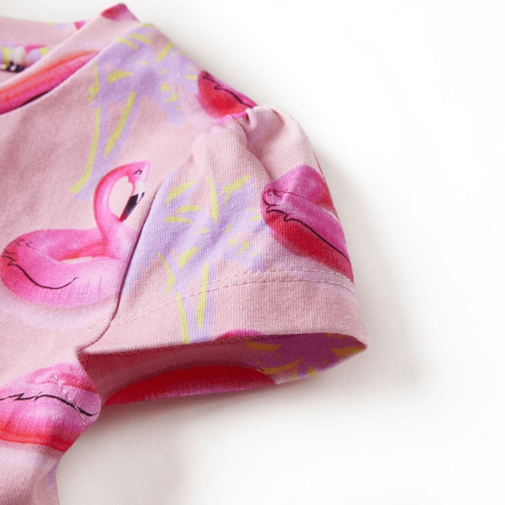 Vestido infantil rosa claro de algodón con flotadores de flamencos y árboles, talla para niña, manga corta, cuello redondo, transpirable, cómodo, lavable a máquina, verano