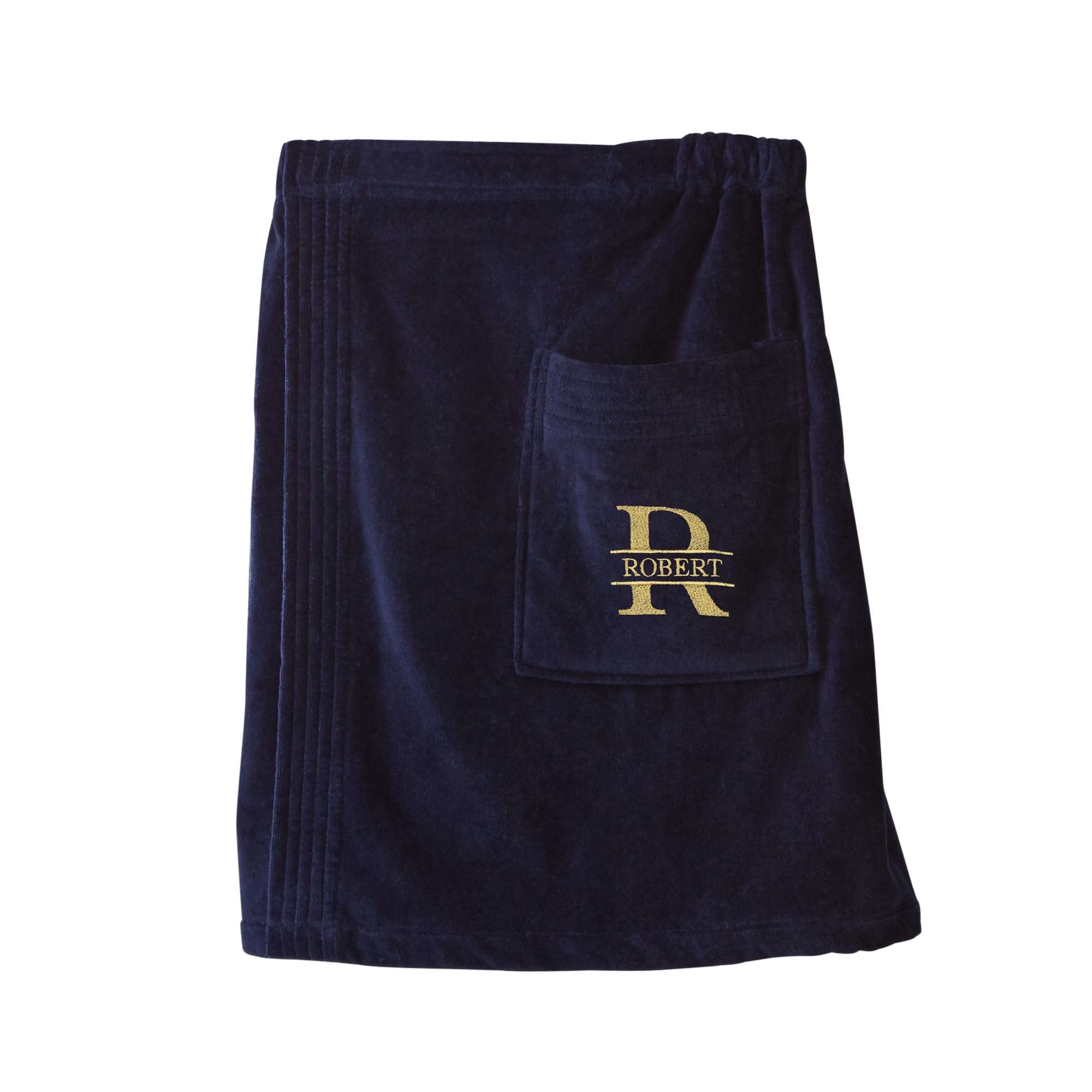 Personalization Universe Lavish Last Name Men's Embroidered Navy Velour Towel Wrap