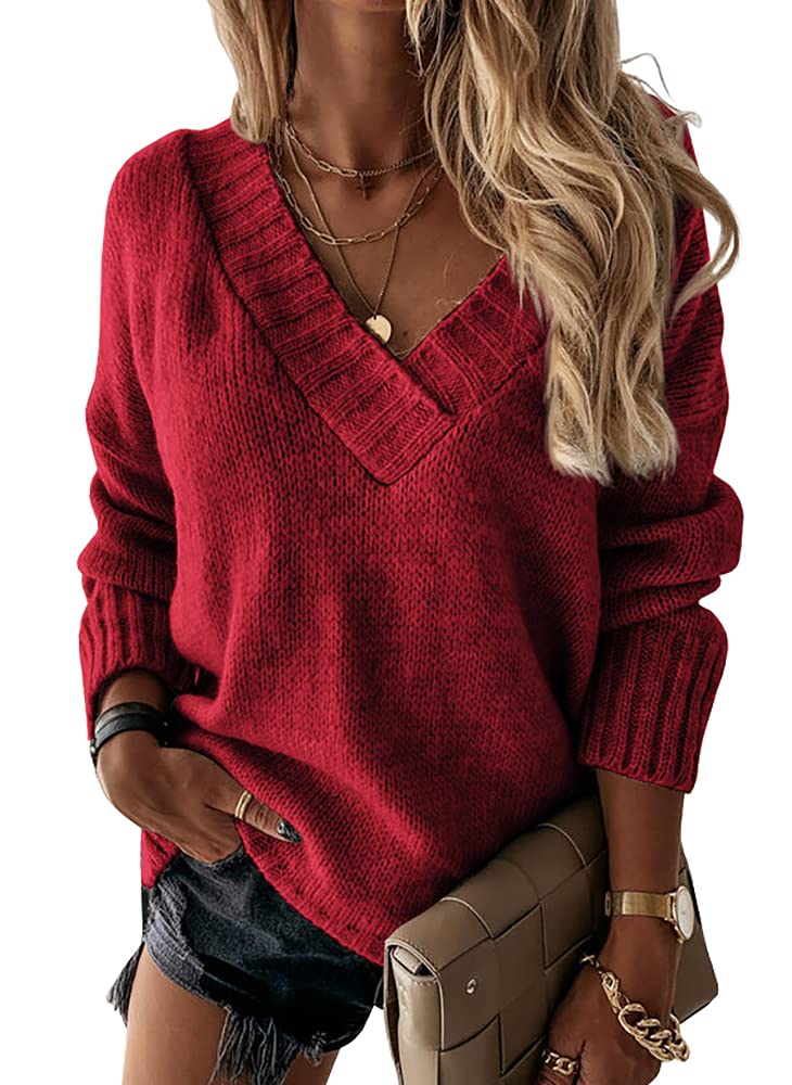 Womens Loose Sweaters Sexy V Neck Long Sleeve Solid Knitted Jumper Pullover Sweatshirt Tops