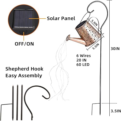Miniatura 6 de qdomodoo Regadera solar, regadera, luces solares decorativas para jardín al aire libre, regadera, funciona con energía solar, regadera solar con