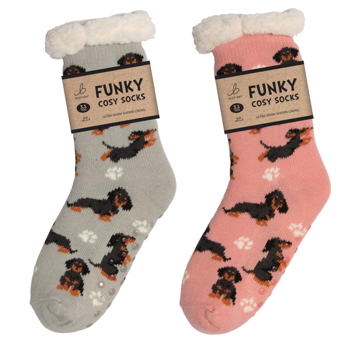 Bartleby Women's Pink Or Grey Sherpa Socks - Sausage Doggie (1 Supplied)