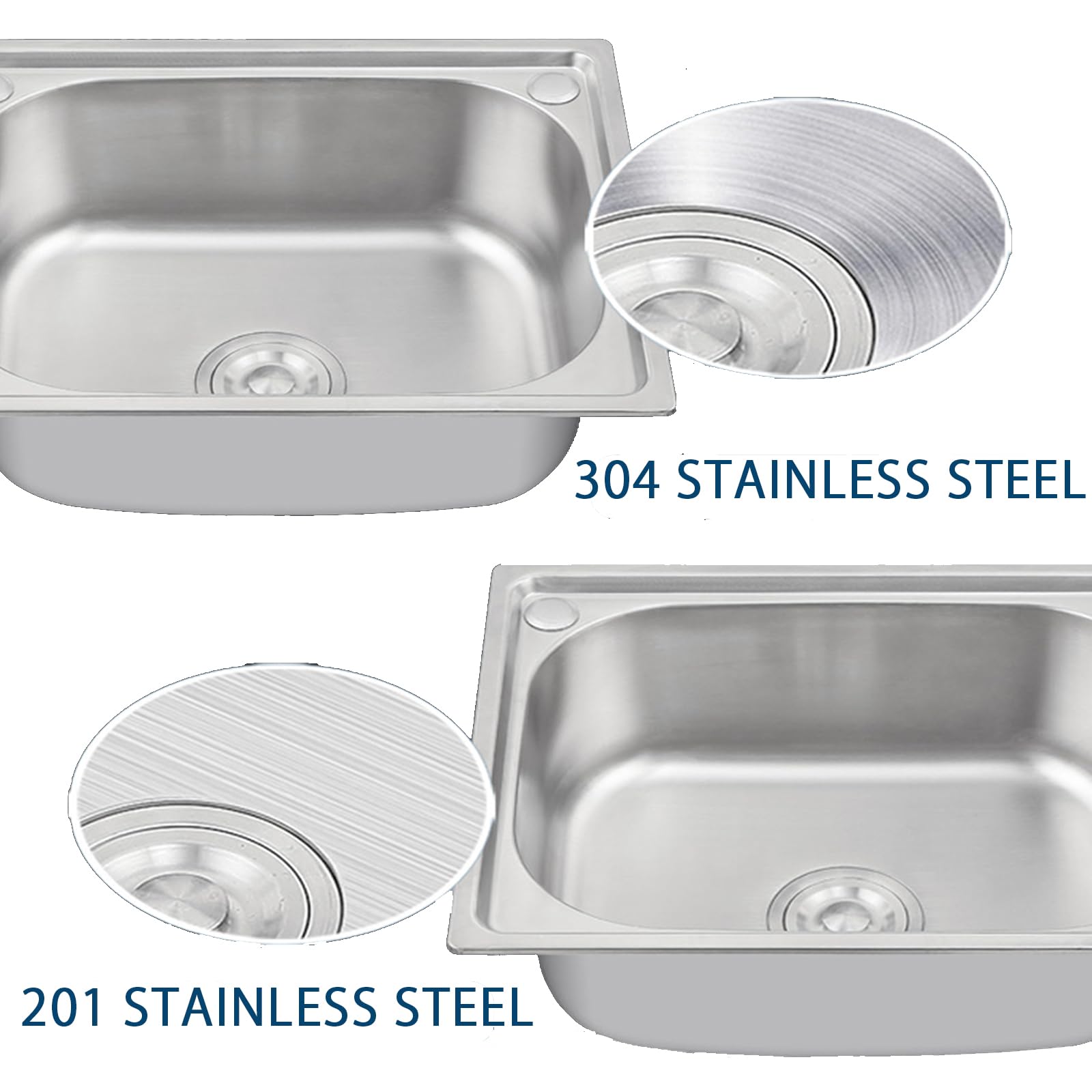 Lavello Cucina 1 Vasca ,Lavello in Acciaio Inox Rettangolare, Installazione a Sopratop o Filotop lavandino cucina da Incassoda Lavello Vasca Singola Con Kit di Scarico (304-38*32*18cm(1.2mm side))