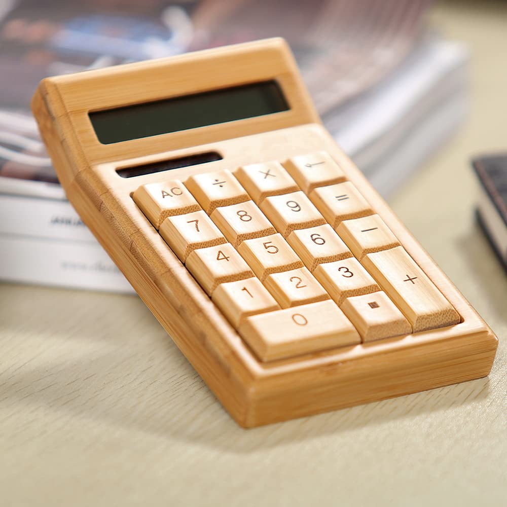 Calculadora Solar De Bambú - 12 Dígitos, Pantalla LCD, Doble Alimentación (Solar + Pila), Apagado Automático, Ecológica Para Oficina Y Escuela