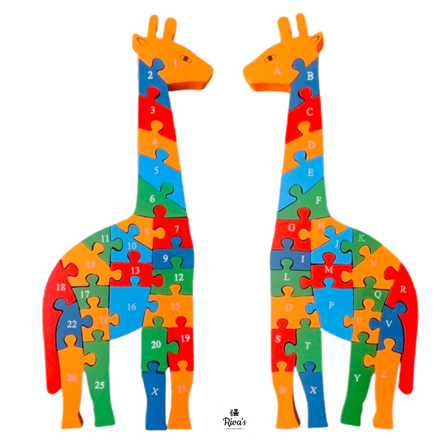 Riva's Wooden Giraffe Jigsaw Puzzle, 2-in-1 ABC Alphabet and Number Educational Toy, Animal Theme, 41 cm, for Ages 3 and Up