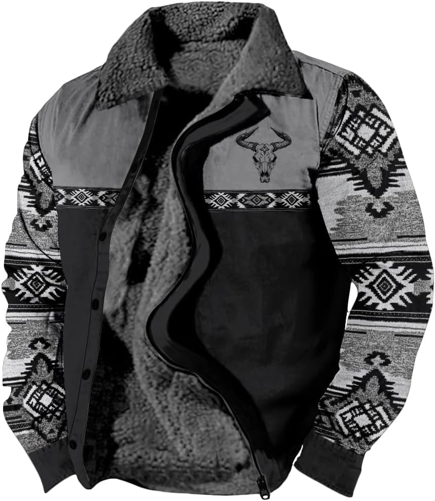 DMOYALA Western Aztec Jackets for Men Fleece Cowboy Shirt Jackets Cow Skull Graphic Coats Long Sleeve Jackets with Pocket