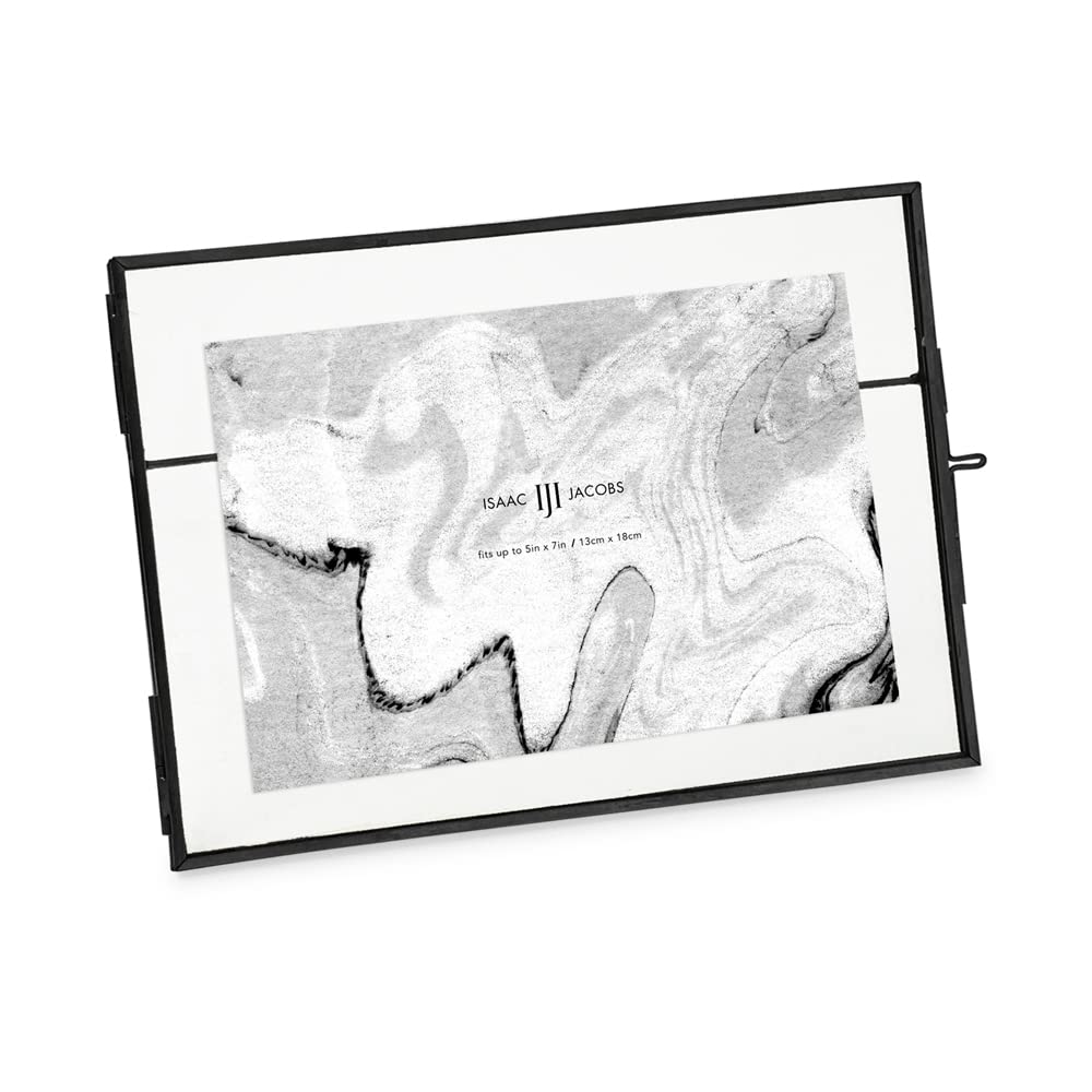 Isaac Jacobs Black 7X5, Modern Style Brass And Glass, Pressed Glass, Metal Floating Desk Photo Frame (Horizontal), With Locket Closure For Pictures, Art, Mementos & Keepsakes (7X5, )
