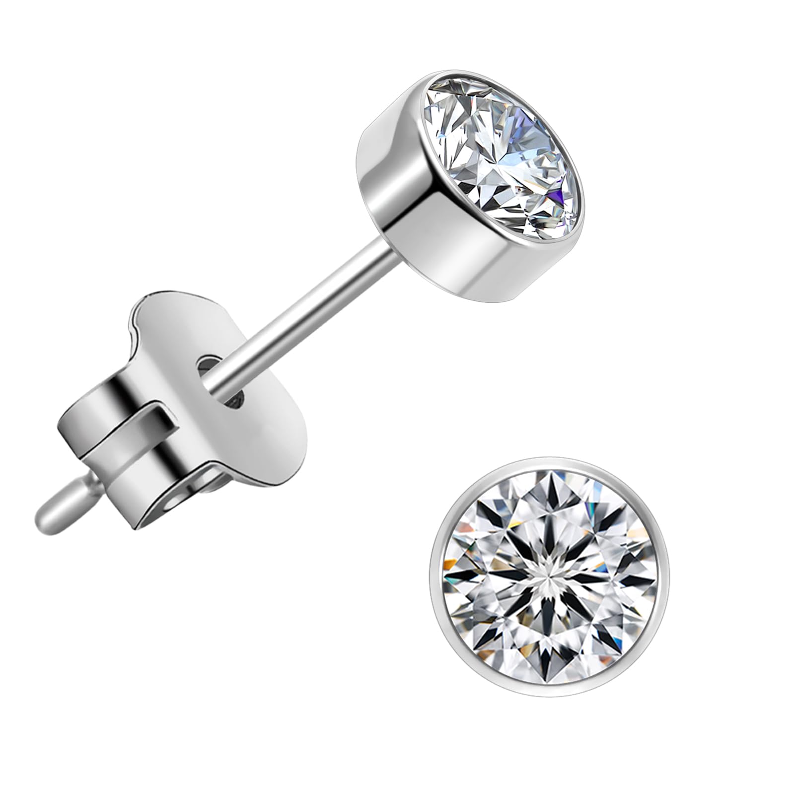 医療用 純チタン ピアス つけっぱなし用 セカンド ファーストピアス メンズ レディース ベゼルセット4mm 最高級AAAAAジルコニア CZ 軸太0.8mm（20g 人気 金属アレルギー対応 ピアス 透明 ピアス キャッチ 落ちない シンプル 小さい 両耳セット シルバー チタンポスト11mm プレゼントに最適 ブランド スタッドピアスランキング J.aey…