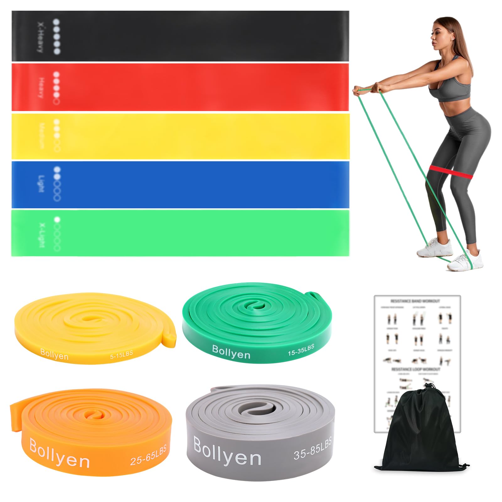 Bollyen Resistance Bands, 9 set Exercise bands for Men & Women, Loop Bands & Pull up Bands Idea for Home Gym Workout, Training Yoga Stretching for Men & Women, Training Poster and Carry bag Included
