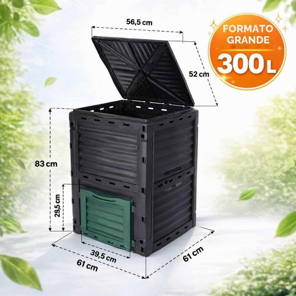 TERRE JARDIN - Compostador de Jardín, 300 L - Contenedor de Compost, 83 x 61 x 61 cm, de Polipropileno Contenedor Compostador de Residuos de Jardín, Resistente a Golpes y a los UV