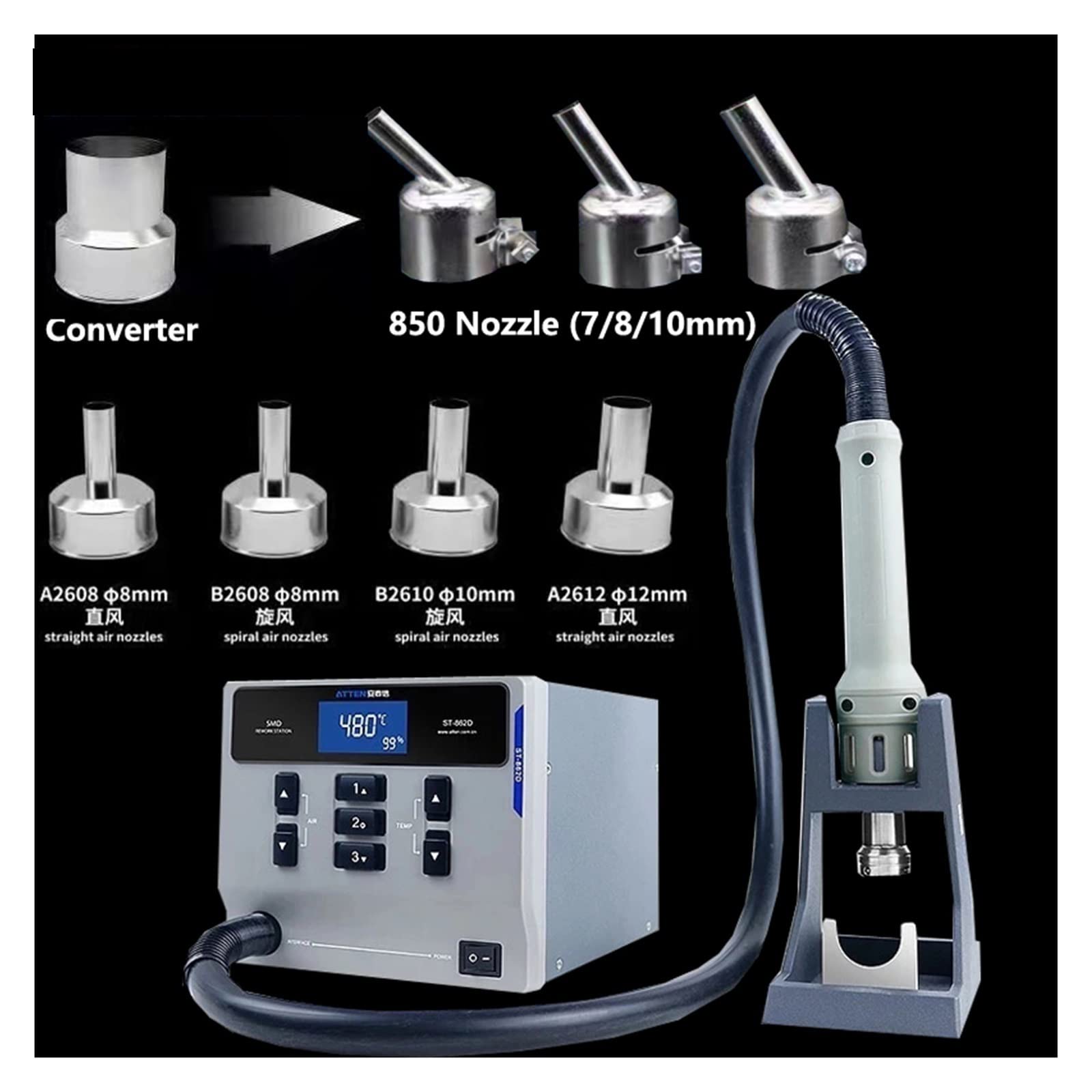 ATTEN St-862D 1000W Hot Wiatrówka Cyfrowy Wyświetlacz Stacja Lutownicza BGA Automatyczna Stacja Rozlutownicza Do Naprawy Snu dla początkujących DIY(SET B)
