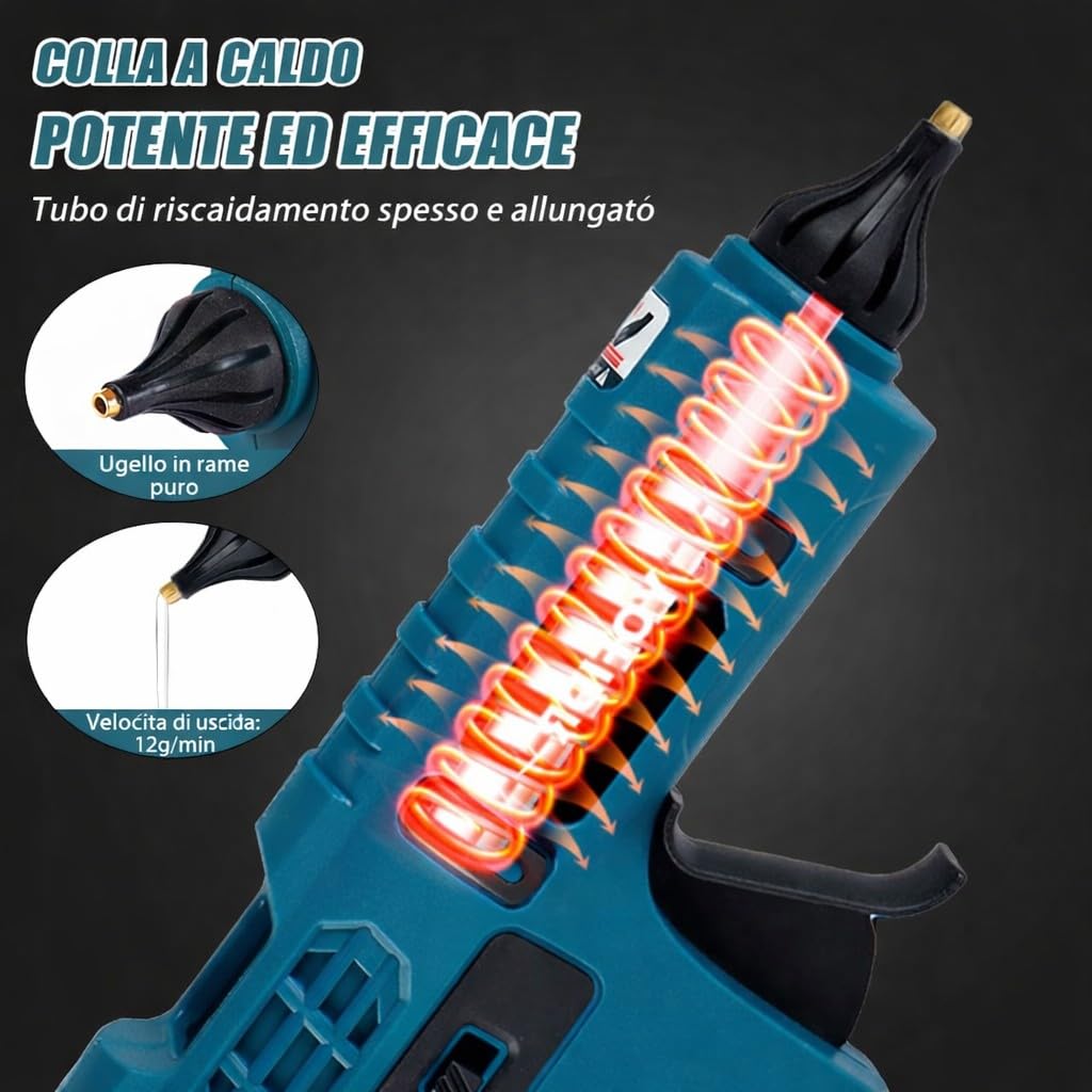 Pistola Colla a Caldo a Batteria 36V 2000W Termocollante Ricaricabile Riscaldamento Rapido con Doppia Batteria Stick 11mm per Fai da Te e Riparazioni