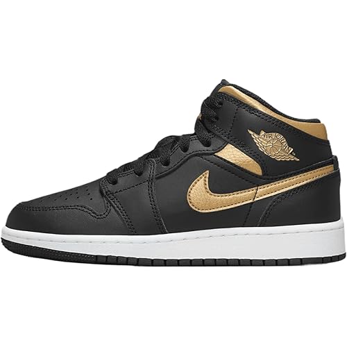 Air Jordan 1 Mid Big Kids' Shoes (DQ8423-071, Black/White/Metallic Gold) Size 4