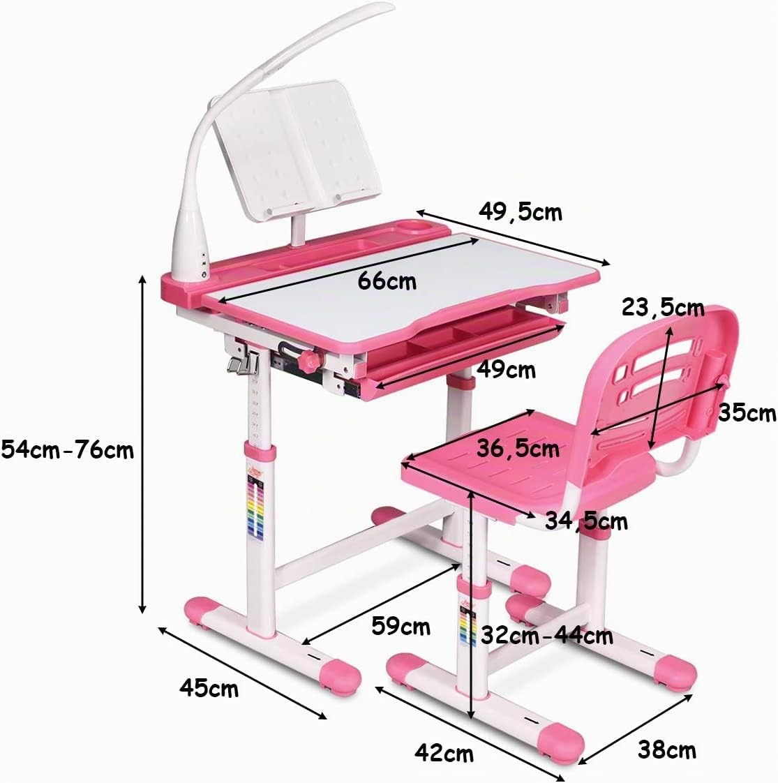 COSTWAY Kinderschreibtisch höhenverstellbar, Schülerschreibtisch mit Lampe, Kindermöbel neigungsverstellbar, Kindertisch mit Stuhl, Schreibtisch mit Schublade, Farbewahl (Hellrosa)