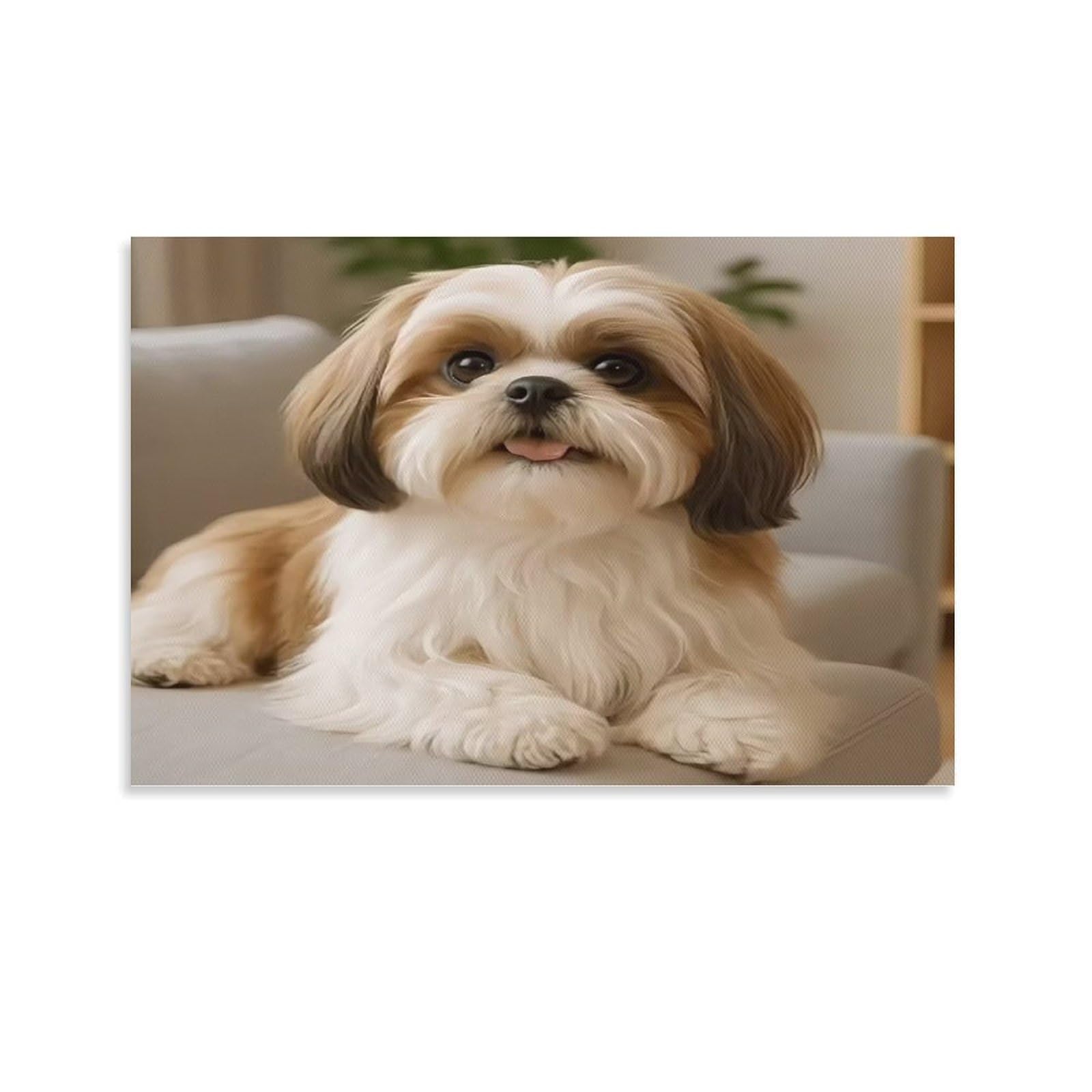 CPLVKWRQJ Shih Tzu Dog Sitting in Front of Autumn Landscape Fluffy Shih Tzu Resting on Indoor Sofa Wall Art Pieces - Office Canvas Print Fade Resistant Wall Focal Art Ready to Hang 16x24inch(40x60cm)
