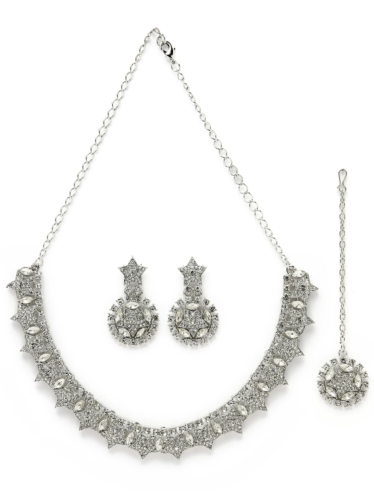 Sukkhi Exquitely Rhodium Plated Silver AD White Stone Collar Bone Necklace Set With Earring And Maangtika | Jewellery Set For Women (NS105637) (B0CBBDGXTF) Amazon Price History, Amazon Price Tracker