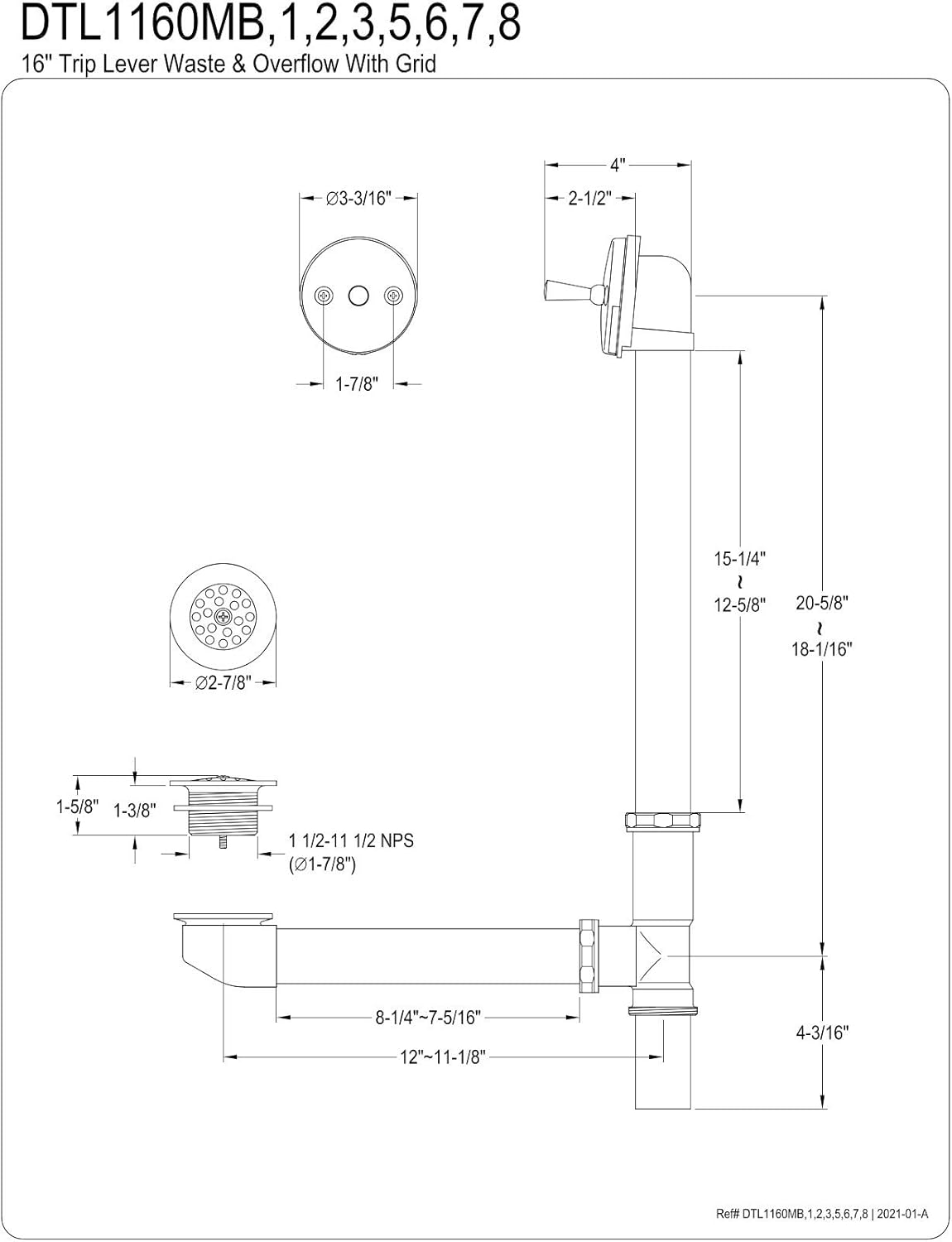 Kingston Brass DTT2160MB Made to Match Clawfoot Tub Drain, 20-5/8"~18-1/16" (L) x 3-3/16" (W) x 12" ~ 11-1/8" (H), Matte Black - - 