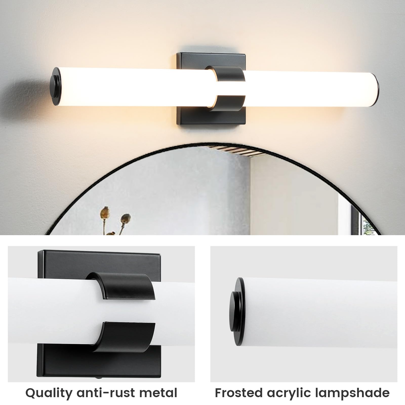 AIJIASI Black Vanity Lights for Bathroom, 22.8 Inch LED Vanity Light Modern Bathroom Light Fixtures, 28W Sconces Wall Lighting with Acrylic Shade for Mirror Bedroom Living Room Hallway 3000K