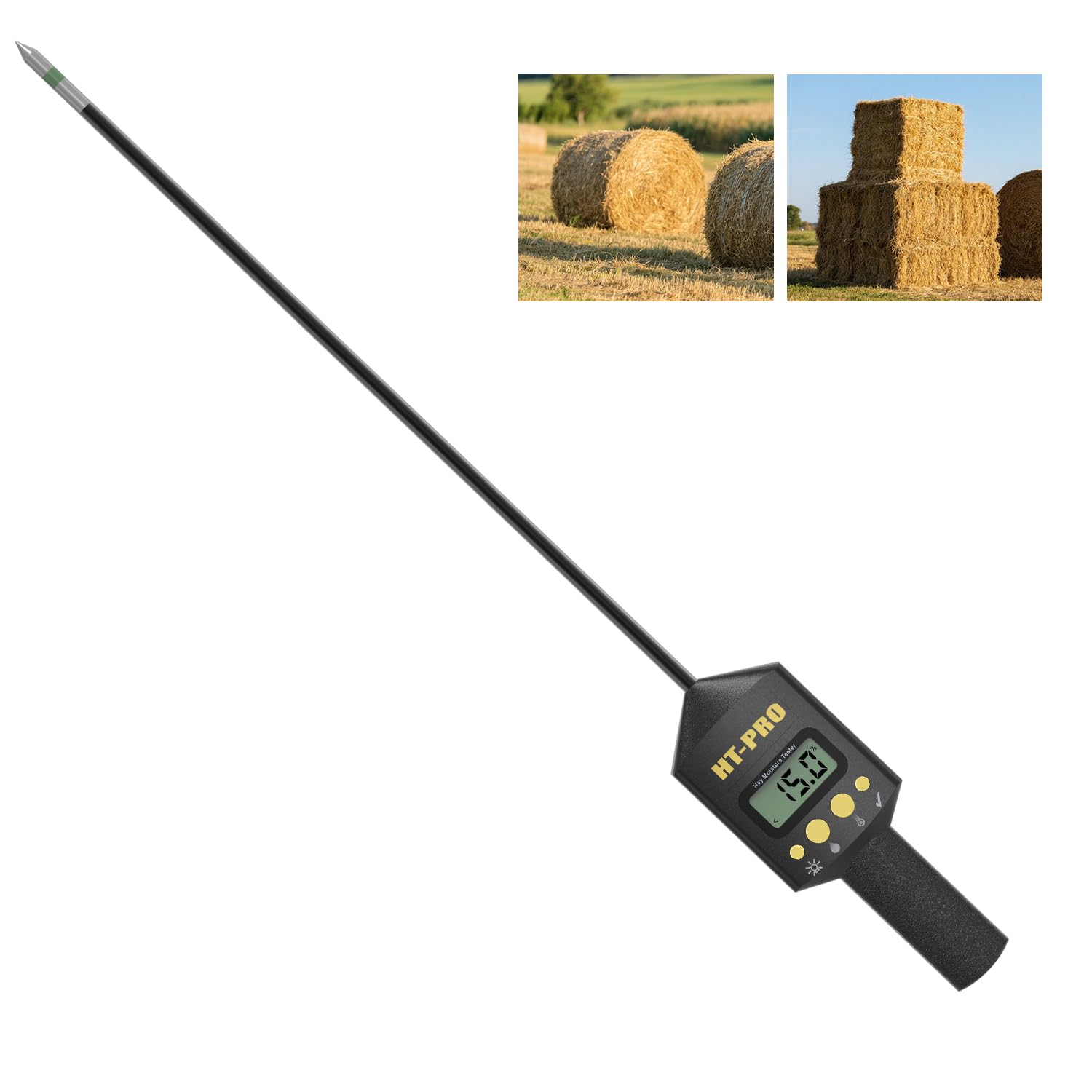 Hay Moisture Tester with 20" Probe, Moisture Meter for Hay Bales with Temperature Readings, Fast Field Checks, Calibration Clip Included, Black with Yellow Button Accents