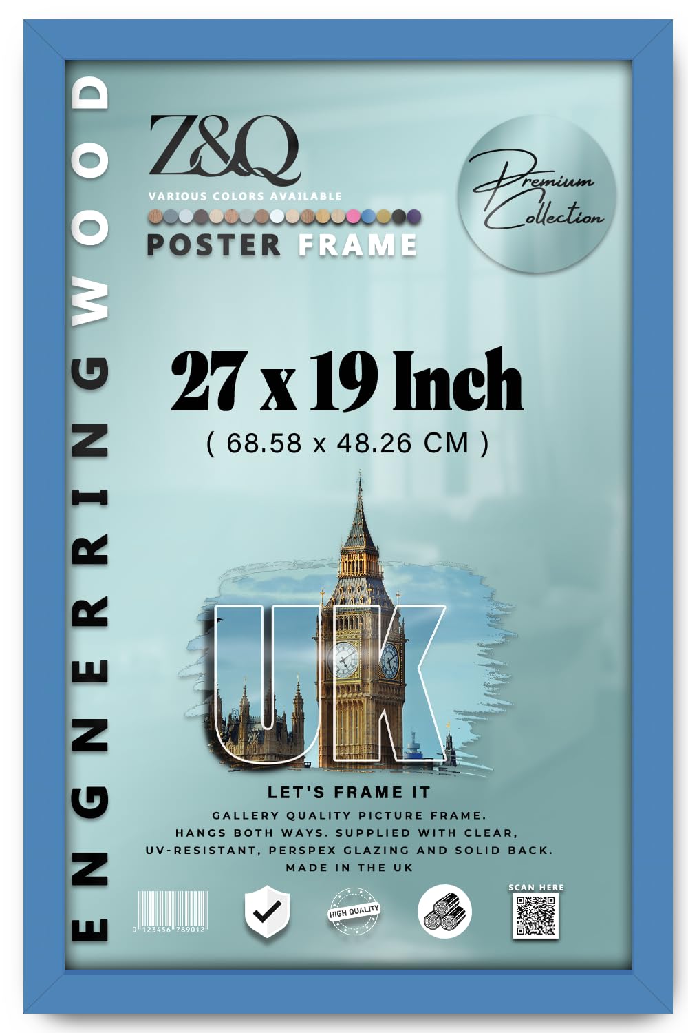 Z&Q - Elegant Eton Wood Finish 27 x 19 Inch Poster Frame | for Wall Décor (68.58 x 48.26 CM) Perfect for Art Display & Family Photo Gallery [ Blue ]