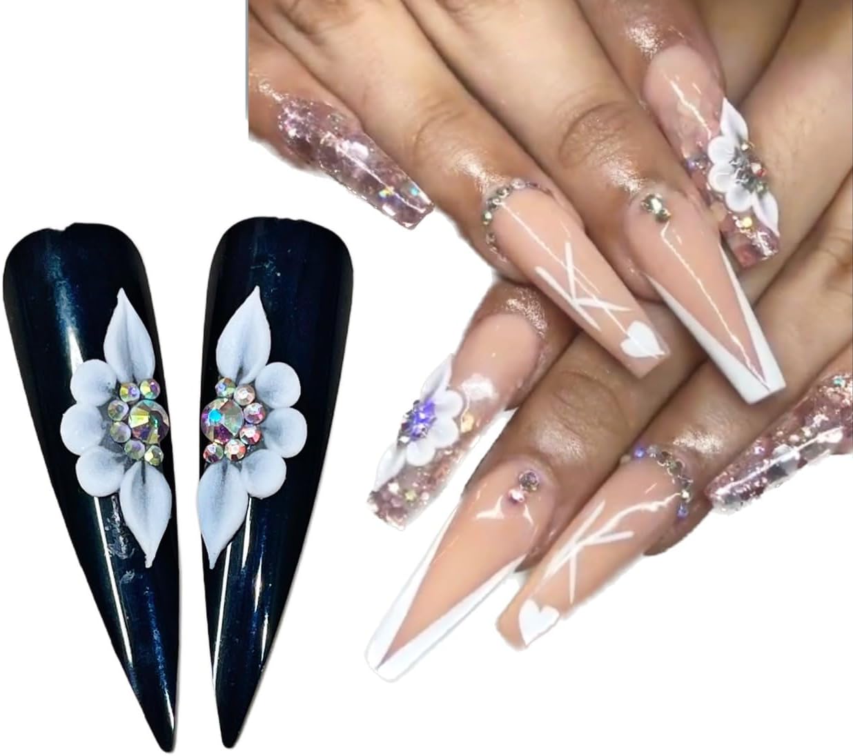 Set 8Pcs 3D Flowers Nails Charms With Rhinestone Gems Handmade by Acrylic Powder Design For Long Nail L,XL,XXL Flower Nail Art Floral Salon Decor Women Girls (Set 24Pcs Mixcolor)