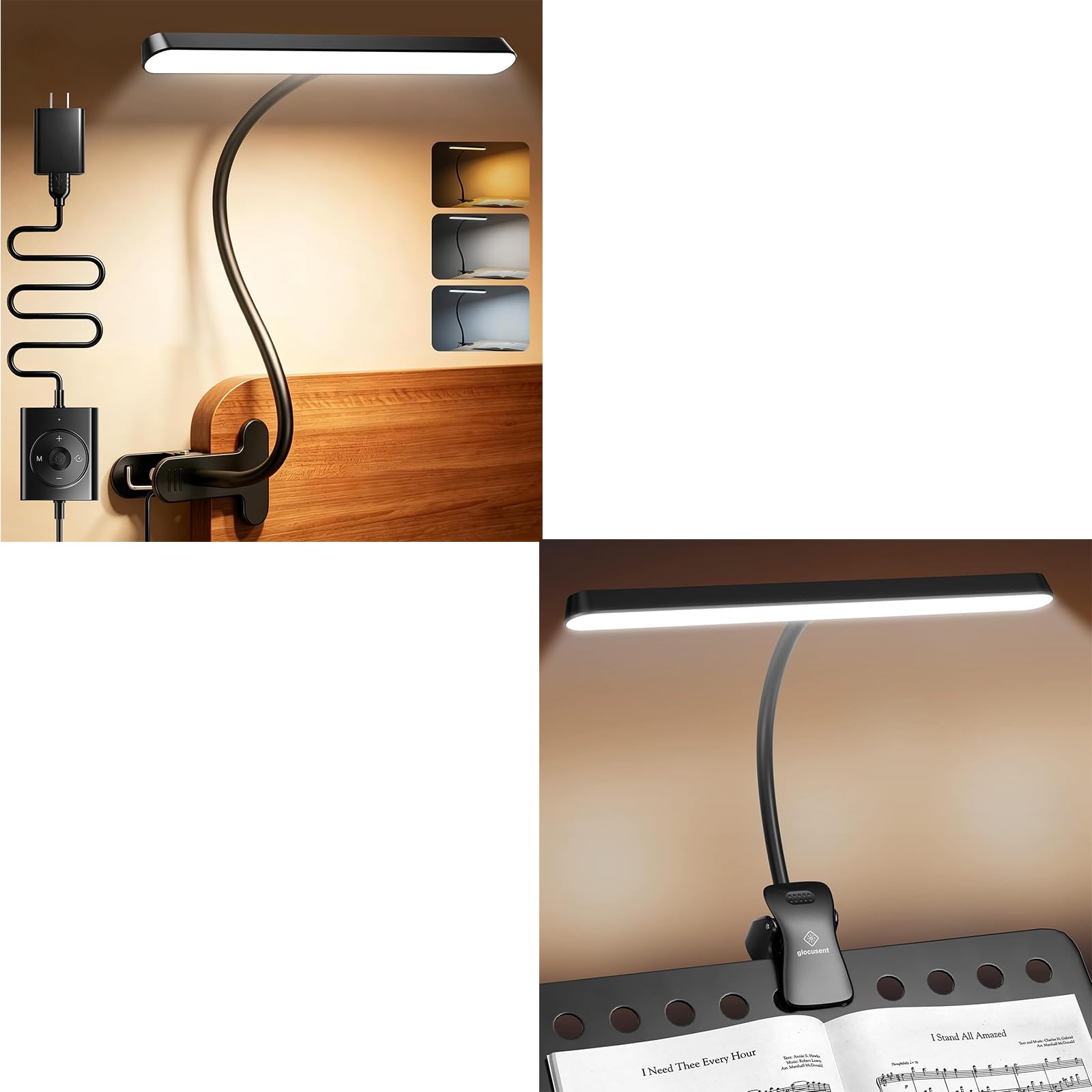 Glocusent 57 LED Superhell Notenpultleuchte & 7W Leselampe Bett 57 LED | 3 Farben 5 Helligkeiten, Lange Lebensdauer bis zu 140 Std. & Amber Modus, 3 Farben 5 Helligkeiten, 30/60-Min Timer