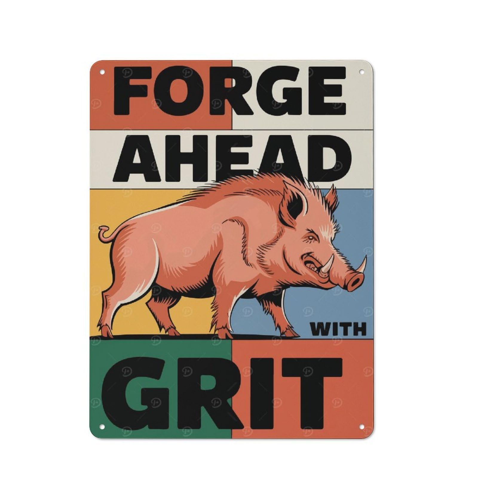 Junmoney Forge Ahead With Grit Wild Boar Illustration Vintage Metal Wall Decor 40X30cm, Tin Wall Sign For Coffee Bar, Kitchen, Bistro Or Tea Corner