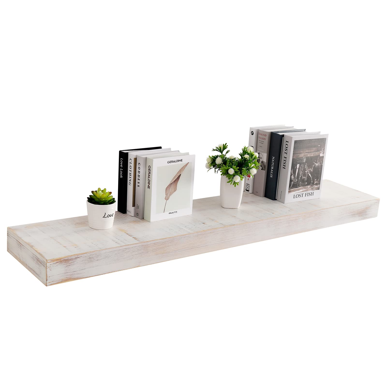 JOLLYMER Washed White Floating Shelves, Wood Wall Mounted Shelf for Bedroom, Living Room or Bathroom, 36" W x 10" D x 2.75" D