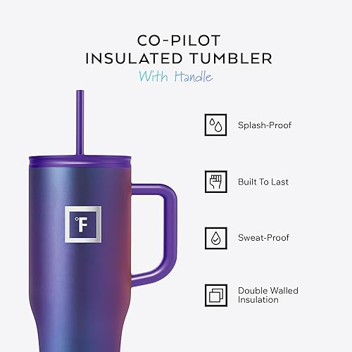 Miniatura 2 de IRON FLASK Co-Pilot - Vaso aislado con popote y tapas abatibles, botella portavasos, para bebidas calientes y frías, a prueba de fugas, agua, taza