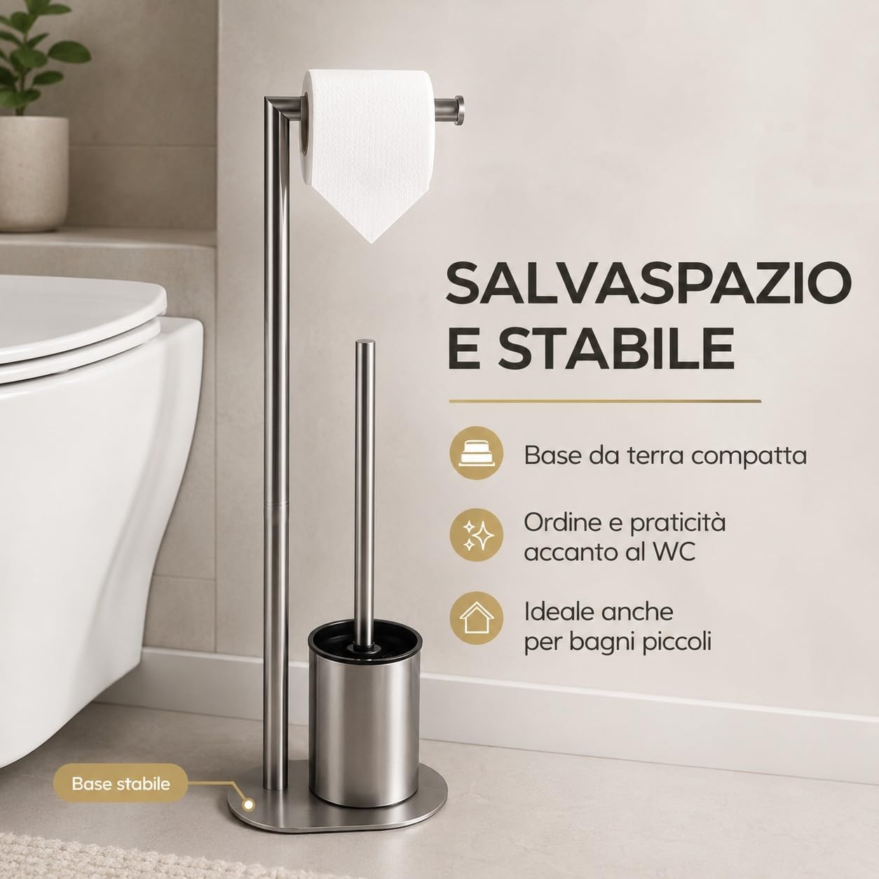 Piantana Bagno Portarotolo e Scopino WC da Terra in Acciaio Inox Spazzolato, Porta Carta Igienica Salvaspazio con Scopino per Bagno Moderno, Supporto Autoportante per Toilette