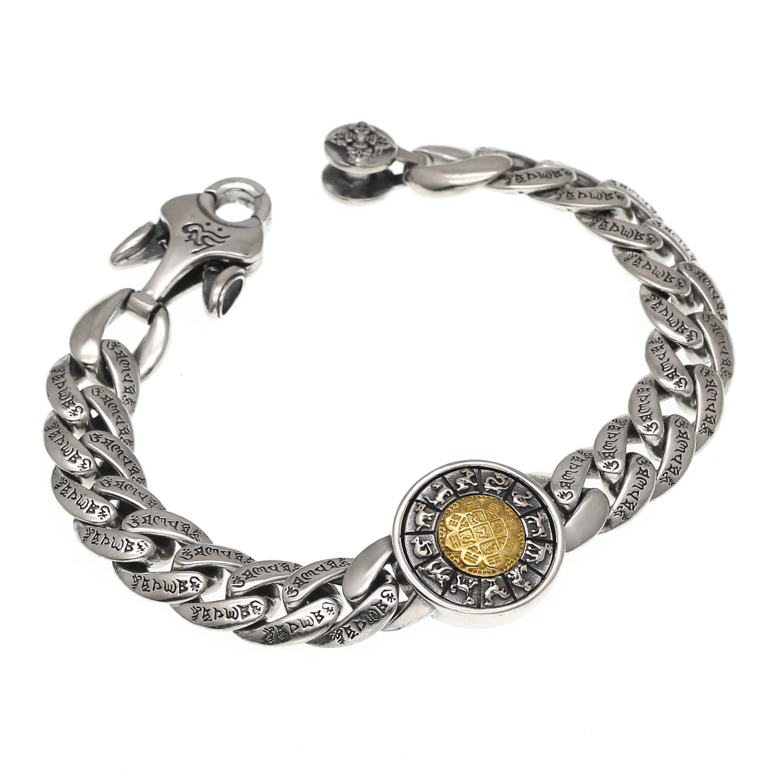 Brazalete del Zodíaco para Hombre Plata Ley S925, Brazalete Gótico Vintage Jiugong Bagua, Plata, 20 cm