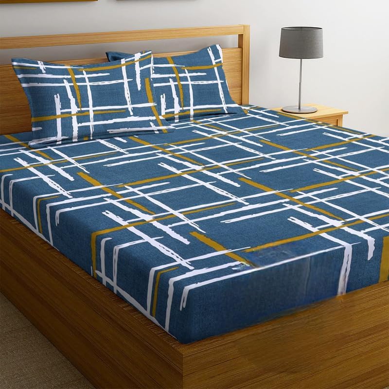 Image of Blue Strip 300 TC Cotton Feel Glace Cotton Flat Printed Queen Size Double Bed Bedsheet with 2 Pillow Covers,Size- 90 x 100 Inches