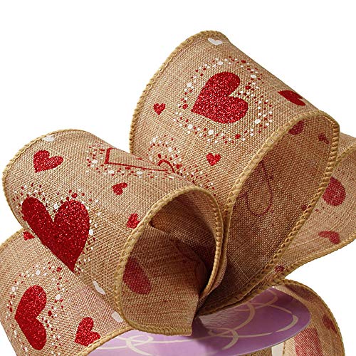 Faux Burlap Valentine Hearts Ribbon - 2 1/2" X 10 Yards, Metallic Red White Glitter Hearts On Natural Wire Edged Ribbon, Valentine’s Day Décor, Gift Wrap, Hair Bow, I Love You, Gift Bow #TOP1