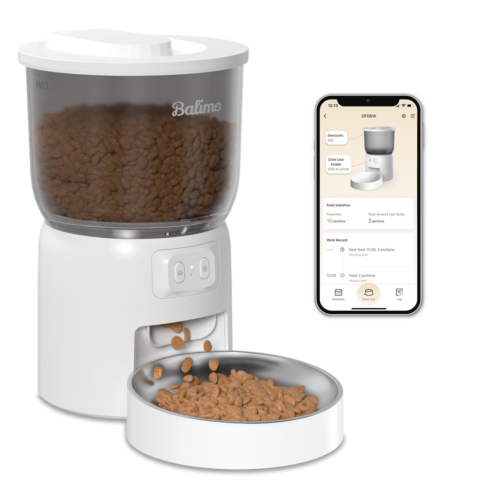 Balimo Distributore Automatico Cibo Gatti, 3L Dispenser Crocchette Gatto, 2.4G WiFi Distributore Cibo Gatti, Adatto Controllo App, Da 1 a 10 Pasti al Giorno, Adatto Per Cani e Gatti, Bianco