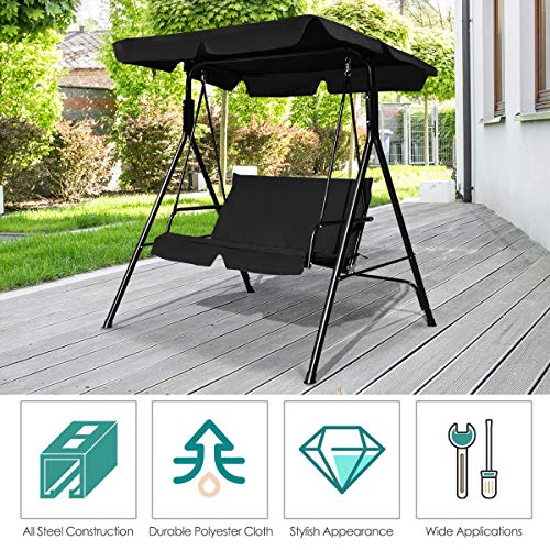 Image of Tangkula 2 Person Porch Swing, Outdoor Swing with Removable Cushions, Solid Steel Structure, Patio Swing with Adjustable Canopy for Porch, Backyard, Garden, Balcony